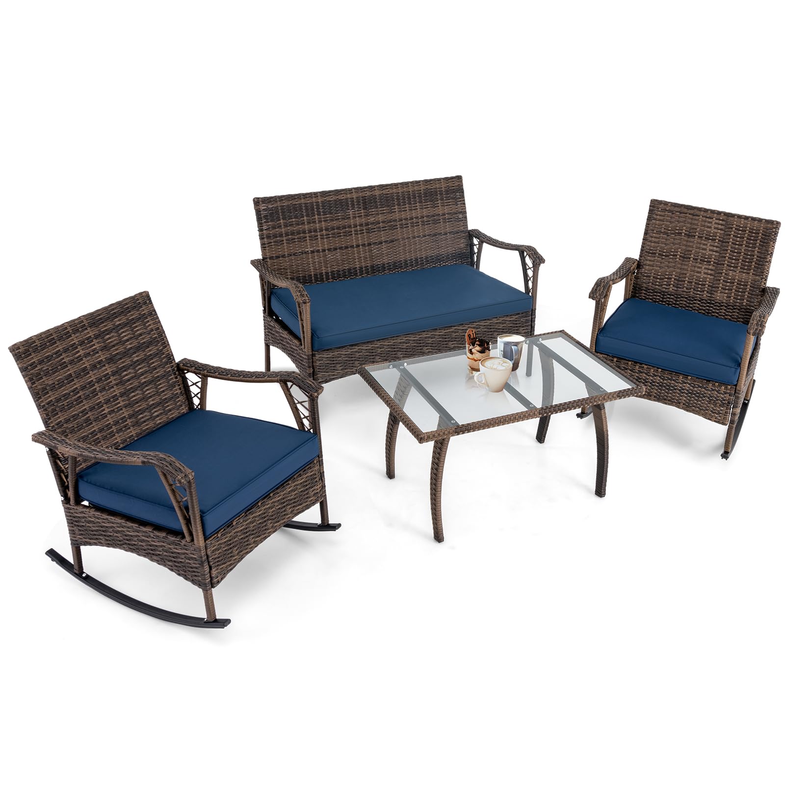 Ensemble à bascule en osier Tangkula 4 pièces, 2 chaises à bascule en rotin pour terrasse avec causeuse et table basse, cadre en métal robuste et siège en corde élastique